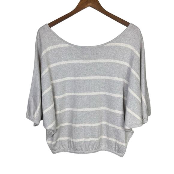 Beyond Vintage Gray Knit White Stripe Silver Sparkle Short Dolman Sleeve Sweater - Picture 9 of 12
